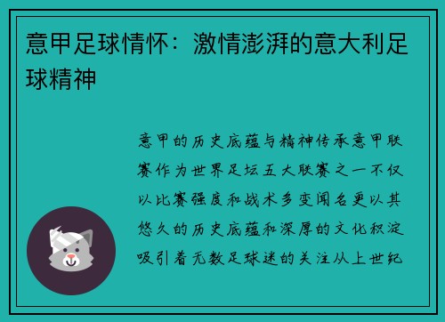 意甲足球情怀：激情澎湃的意大利足球精神