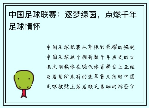 中国足球联赛：逐梦绿茵，点燃千年足球情怀