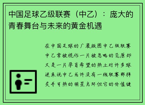 中国足球乙级联赛（中乙）：庞大的青春舞台与未来的黄金机遇