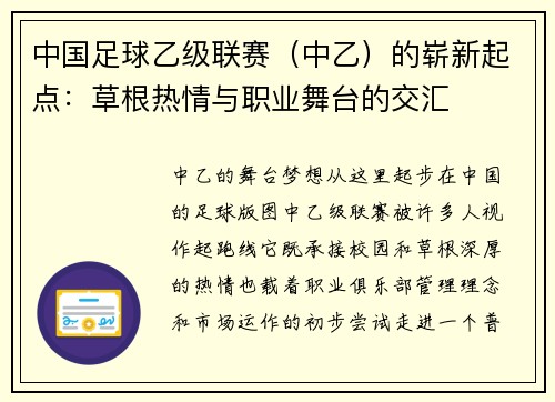 中国足球乙级联赛（中乙）的崭新起点：草根热情与职业舞台的交汇