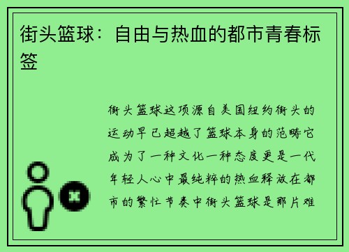 街头篮球：自由与热血的都市青春标签
